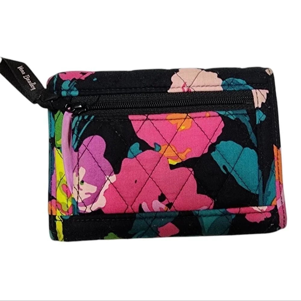 Vera Bradley Euro Wallet Black Hilo Meadow Magenta Quilted Fabric Fold Over Snap